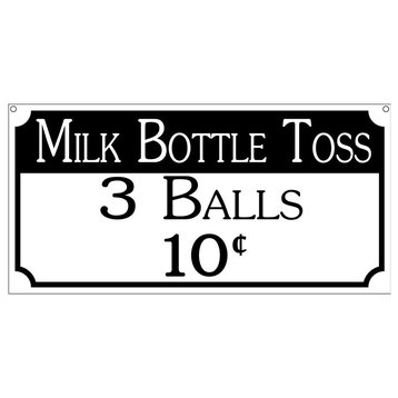 Milk Bottle Toss 3 Balls, 12x18 Aluminum Fair Carnival Game Room Sign, 6"x12"