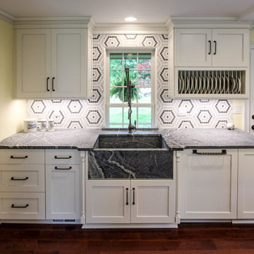 White Cabinets, Grey Countertops and Edgy Tile Backsplash