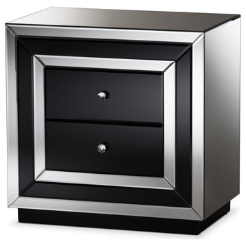 Contemporary Nightstand, Black Glass Cover With Clear Mirror Accents & 2 Drawers