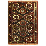 Bareens Designer Rugs - Antique Rustic Kargahi Breann Brown/Blue Wool Rug - 5'1'' x 5'10'' - Create a new dimension of style in your home with this breath-taking semi-antique hand knotted Kargahi rug featuring incredible luxurious texture and appearance. Featuring vibrant awe-inspiring color pallet with an intricate geometrical design inspired by Uzbek and Kazak style, these one-of-a-kind rugs are a unique piece of world art that will enhance your living space. Made by skilled Uzbek Afghan master weavers in hand-spun wool and all vegetable dyes, Kargahi rugs blend in traditional to modern decor seamlessly.