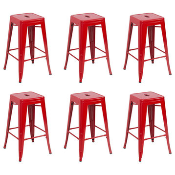 26" Metal Stackable Vintage-Style Counter Stools , Set of 6, Red