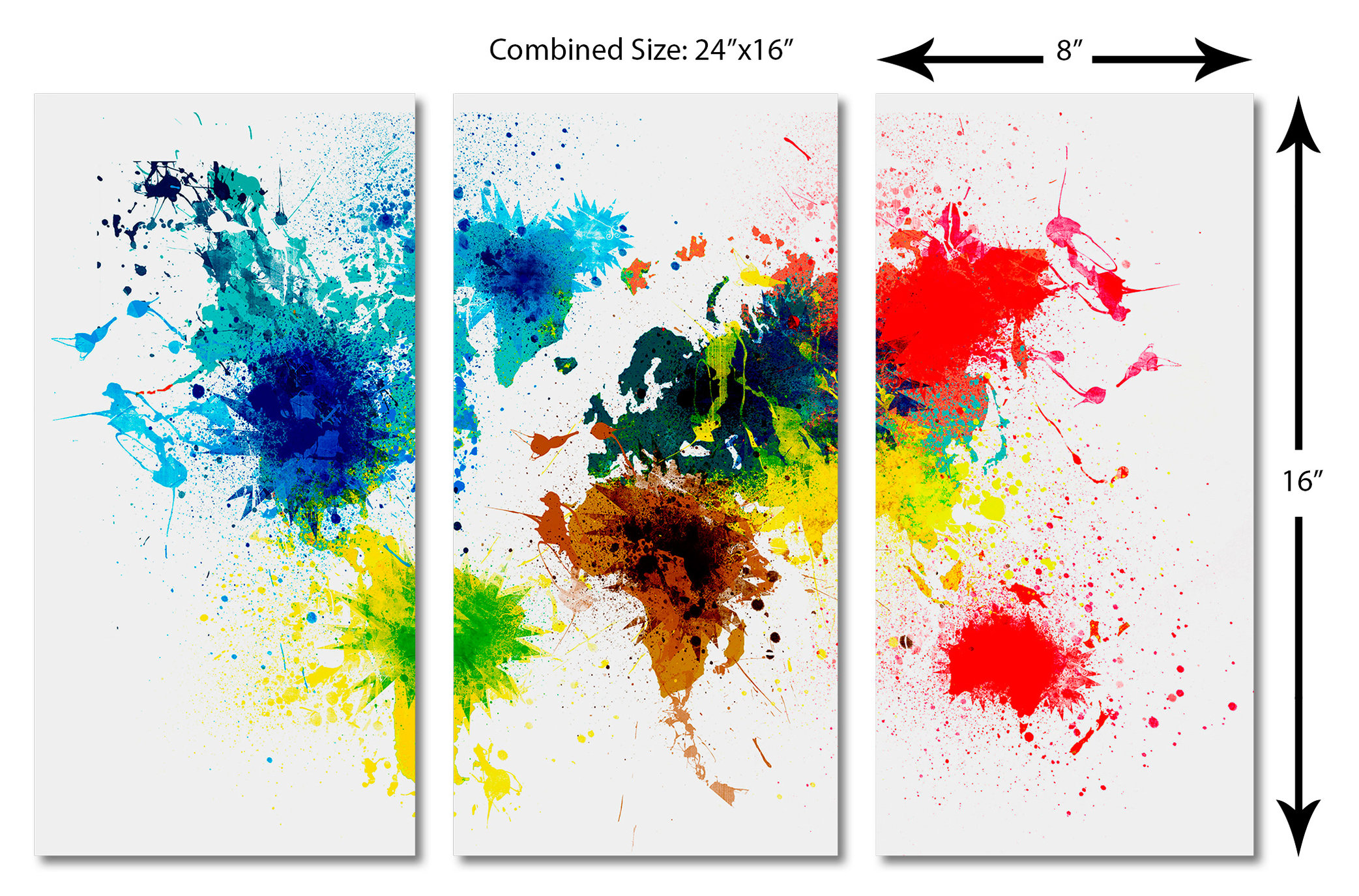 Colorful World Map Canvas Print 3 Panel Split, Triptych Wall Art, 24x16 ...
