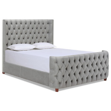 Brooklyn Tufted Wingback Shelter Headboard and Footboard Panel Bed, Opal Grey Velvet, Queen