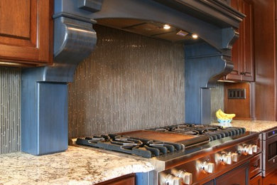 Kitchen - transitional kitchen idea in Other with raised-panel cabinets, blue cabinets, granite countertops, blue backsplash, glass tile backsplash and an island