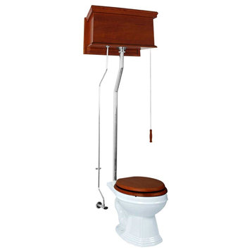Mahogany High Tank Pull Chain Toilet With White Elongated Bowl & Chrome L-Pipe
