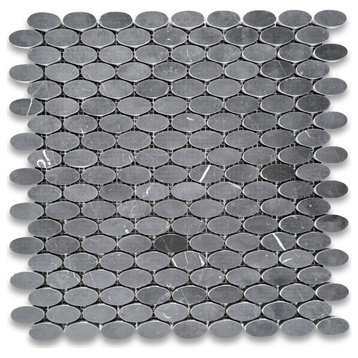 Nero Marquina Black Marble 1-1/4x5/8 Oval Ellipse Mosaic Tile Honed, 1 sheet