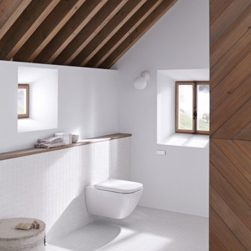 Sleek White Master Bath with Wooden Accents