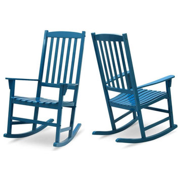2 Pack Patio Rocking Chair, Mahogany Wood Frame and Slatted Seat, Celestial Blue