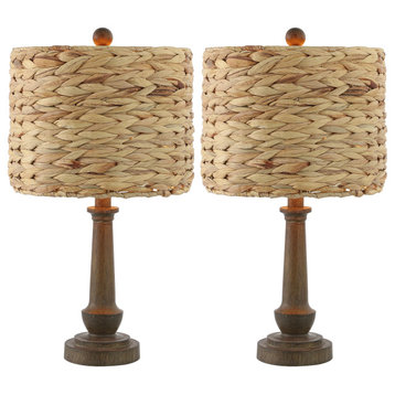 Pair of 21.25" Rustic Rattan LED Lamps, Brown Wood Finish, 2