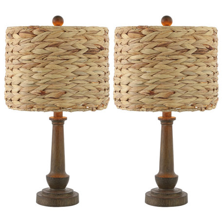 Pair of 21.25" Rustic Rattan LED Lamps, Brown Wood Finish, 2