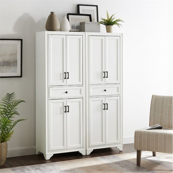 Crosley Furniture Tara Wood 4 Door Pantry Set in Distressed White (Set of 2)
