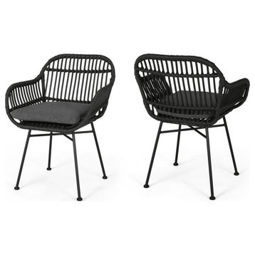Rodney Indoor Woven Faux Rattan Chairs With Cushions, Set of 2, Gray, Dark Gray