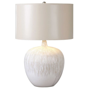 Fat Round Distressed Ivory Ceramic Ribbed Table Lamp 23 in Modern Champagne