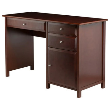 Transitional Desk, 3 Drawers & Single Door Cabinet With Beveled Accent, Walnut