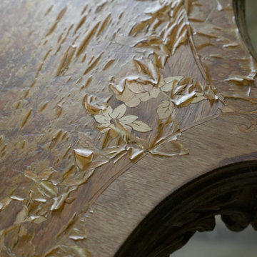 Top Refinish and Selective Base Touch-Up on a Carved Marquetry Side Table