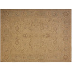Bareens Designer Rugs - Bohemien Ziegler Guy Tan Green Hand-Knotted Wool Rug - 8'2'' x 9'9'' - Enhance the ambiance of your home with this magnificent Persian-influenced Turkish hand-knotted rug made by skilled artisans capable of creating the most exceptional vegetable dyes and hand-spun wool. This exquisite handmade rug is a one-of-a-kind Peshawar Kafkaz, otherwise identified as Chobi, Chobi Peshawar, Oushak, or Ziegler rug. These handmade rugs are crafted in Pakistan utilizing superior-quality wool imported from Australia, New Zealand, and Korea in two types of weaves: the Persian weave and the Mori weave. This rug is meticulously crafted by hand using the finest natural vegetable dyes extracted from local plants. The artisans use a blend of hand-spun local and fine merino wool, resulting in a rug with a compelling texture, higher lanolin content, and longer staple. The artisans occasionally incorporate natural or artificial silk into the pile to enhance specific motifs. The finished product is an awe-inspiring execution of flawless design and an understated palette that exudes elegance.
