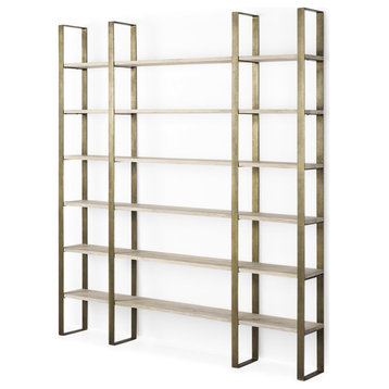 90" Gold and Natural Distressed Iron and Solid Wood Six Tier Bookcase