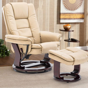 Modern Recliner Chair & Ottoman, Mahogany Wood Base & PU Leather Seat, Off White