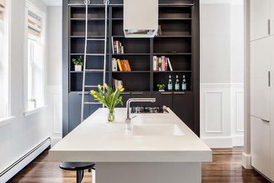 Example of a minimalist dark wood floor kitchen design in Boston with white cabinets and an island
