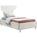Meridian Furniture - Ghost Velvet Upholstered Bed, Cream, Twin - There's nothing scary about the Ghost cream velvet twin size bed, with its plush cushioned and upholstered side rails and footboard. A curved transparent acrylic headboard allows you to situate it in front of a window without blocking the view, and matching acrylic legs offer a beautiful contemporary appearance. This bed has a complete set of slats included for your convenience, so you won't need to purchase a box spring.