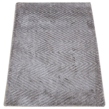 Brown Wool and Based Silk Modern Chevron Design Hand Loomed Mat Rug, 2'1"x3'0"
