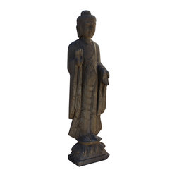 Chinese Gray Stone Carved Standing Abhaya Mudra Buddha Statue - Garden Statues And Yard Art