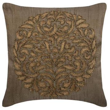 Gold Decorative Pillow Cover, Earthy Medallion 14"x14" Silk, Gold Turkish Dream