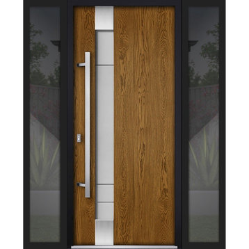 Exterior Prehung Steel Door Deux 1713 Natural Oak 2 Side Black Windows
