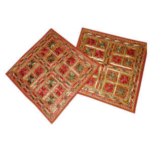 Mogul Interior - Rust Indian Mirror Embroidered  Toss Pillow Shams 16", Set of 2 - Decorative Pillows
