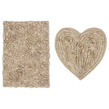 Bell Flower Collection Tufted Bath Rugs, 2-Piece Set With Heart, Linen