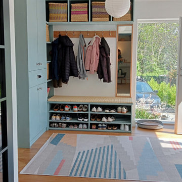 Blue coat and shoe storage unit