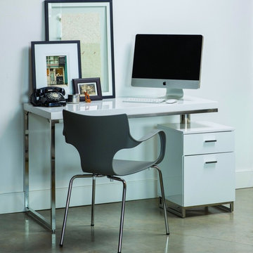Mobital Span 47" Desk with File Cabinet in High Gloss White and Polished Stainle