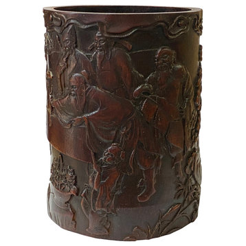 Chinese Bamboo Relief Scholars Motif Carving Brush Pen Holder Art