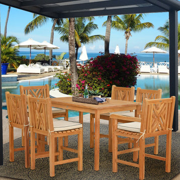 7 Piece Teak Chippendale 55" Rect Bistro Counter Set, 2 Arm and 4 Side Stools