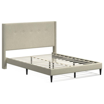 MCM Upholstered Platform Bed, Beige, Queen