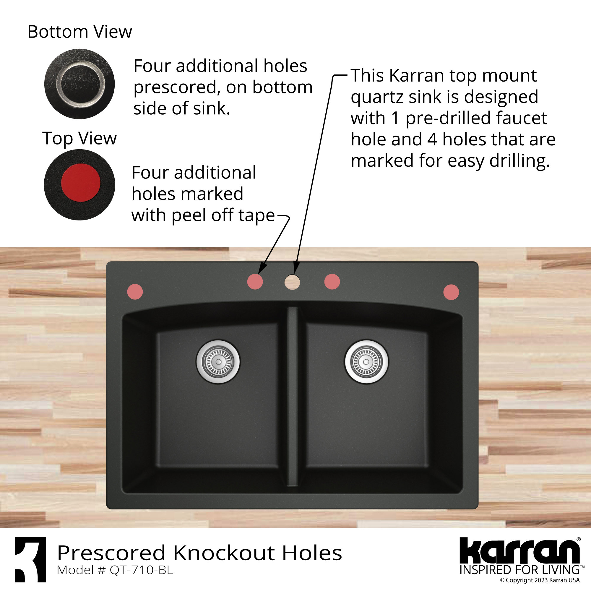 Karran Drop-in Quartz 33" 1-Hole 50/50 Double Bowl Sink Kit, Black
