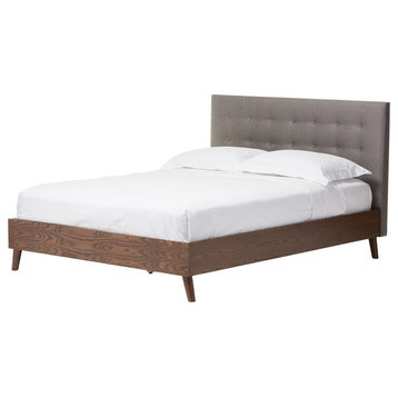 Alinia Retro Fabric Upholstered Walnut Wood Platform Bed, Gray, Full