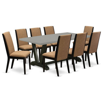 East West Furniture V-Style 9-piece Wood Dining Table Set in Black/Cement