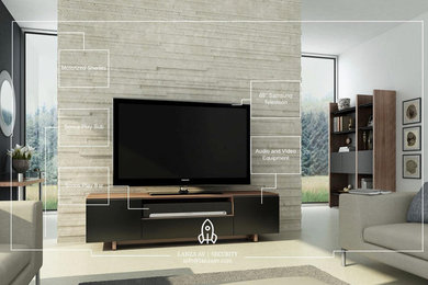 Inspiration for a small contemporary enclosed white floor family room remodel in Phoenix with white walls and a tv stand