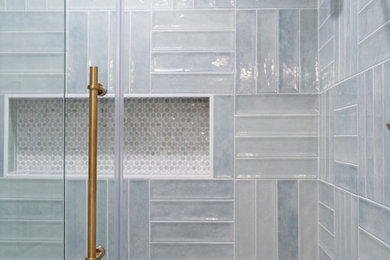 Example of a mid-sized transitional kids' porcelain tile, beige floor and single-sink bathroom design in Dallas with louvered cabinets, brown cabinets, a one-piece toilet, white walls, an undermount sink, solid surface countertops, beige countertops and a freestanding vanity