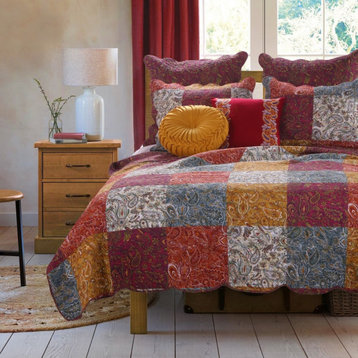3 Piece Cotton Full Size Quilt Set With Paisley Print, Multicolor
