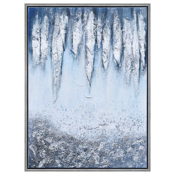 Blue and White Abstract Canvas Icicles Textured Metallic Hand Painted Wall Art
