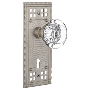 Single Craftsman Plate With Round Clear Crystal Knob, Satin Nickel