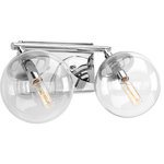 Progress Lighting - Mod 2 Light Bathroom Vanity Light, Polished Chrome - Giving a nod to the space age with mid-century modern appeal, Mod features a sleek linear frame in a Polished Chrome finish. Clear, spherical glass shades offer the perfect focal point for vintage bulbs or reflector-style globes. This two-light fixture can be used in the bath and vanity or as a complimentary wall sconce.