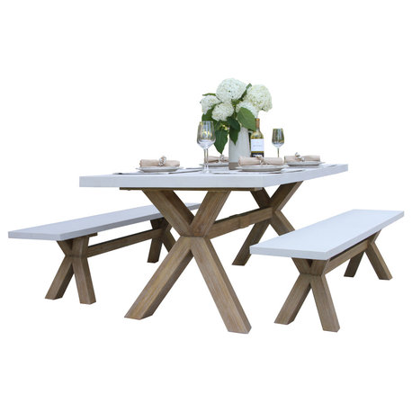 3-Piece Ivory Composite and Eucalyptus Wash Rectangle Outdoor Dining Set With Benches
