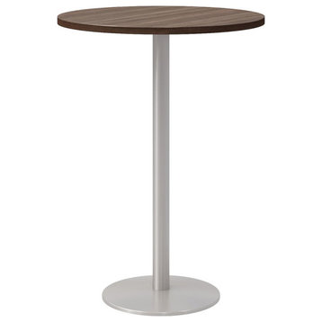 Olio Designs 30" Round Wood Top Bar Table in Studio Teak and Silver
