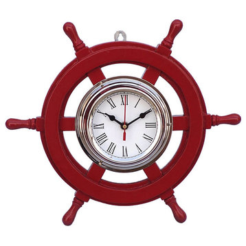 Deluxe Class Red Wood and Chrome Pirate Ship Wheel Clock 12"