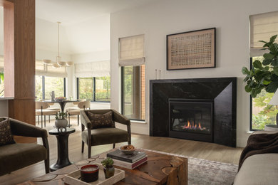 Example of a trendy light wood floor and brown floor family room design in Austin with white walls, a standard fireplace and a stone fireplace