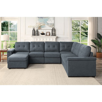 Isla Gray Woven Fabric 7-Seater Corner Sectional Sofa with Ottoman