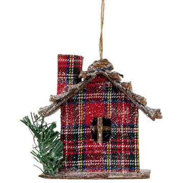 4.25" Red Plaid and Pine Needle Hanging Bird House Christmas Ornament